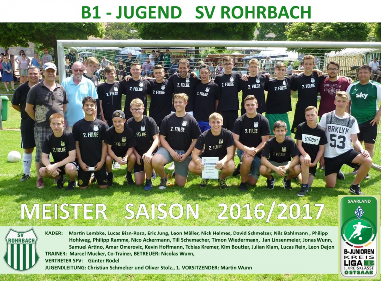 B 1-Junioren des SV Rohrbach Meister – Kreisliga B Ostsaarkreis 2016/2017