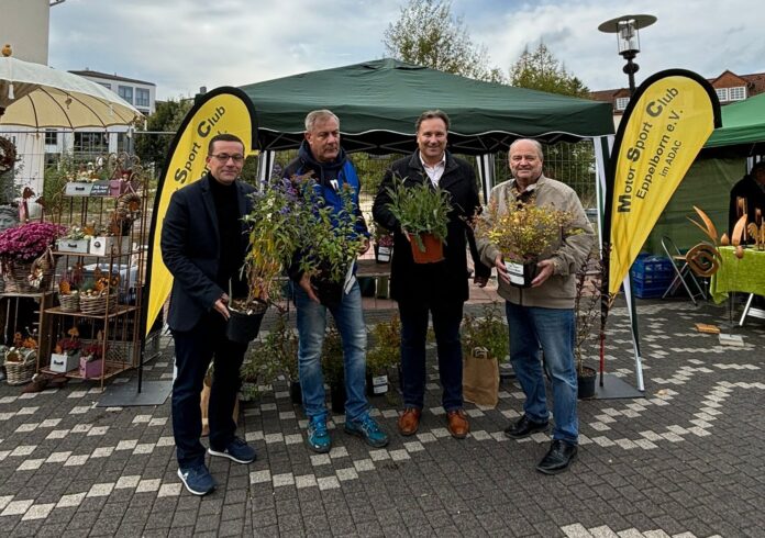 Foto (Gemeinde Eppelborn / Mayer): MdL Roland Theis, der Vorsitzende des MSC Eppelborn Frank Heinrich, Bürgermeister Andreas Feld sowie der Vorsitzende des Gewerbevereins Günter Schmitt (vlnr) haben gemeinsam die Sträucher des MSC an die Besucherinnen und Besucher des MarktGenuss verteilt.