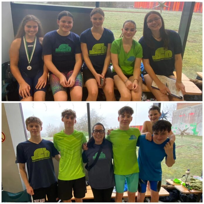 Schwimmclub Homburg - Oben von links nach rechts: Mathilda Kunz, Amelie Marie Karkosch, Anja Schaumburger, Helena Geörg und Adriana Hofmann. Unten von links nach rechts: Philip Krebs, Niklas Hüther, Trainingskoordinatorin Rosa Repossi, Ralf Bossler, Philip Ecker und Matteo Wagner